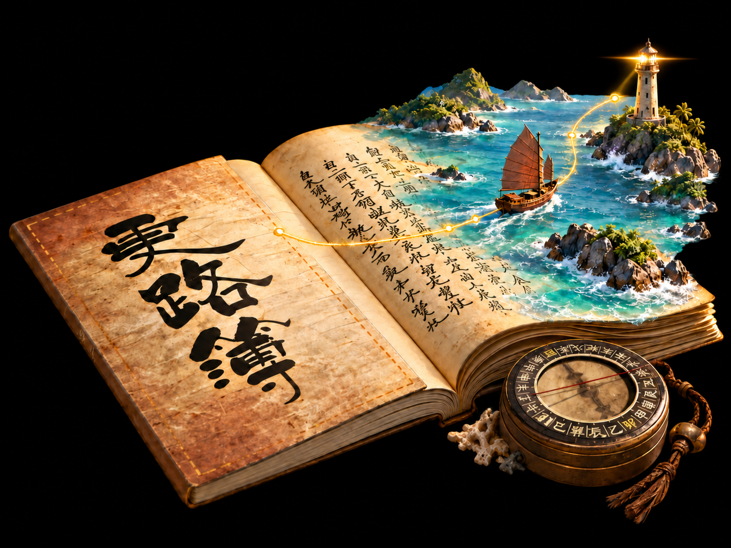 更路簿古籍中的针路延伸向南海帆船与守望灯塔,书旁放着航海罗盘的主题艺术画面