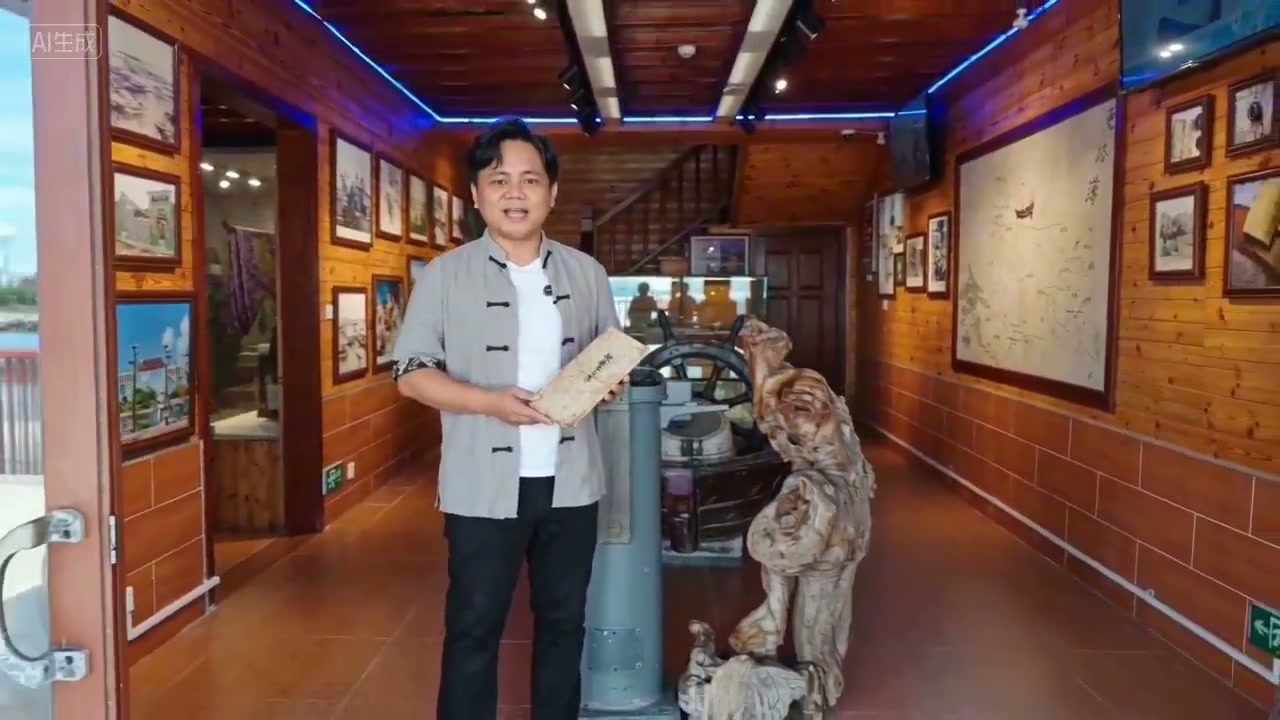 传承人的数字人在展馆中手持更路簿讲解